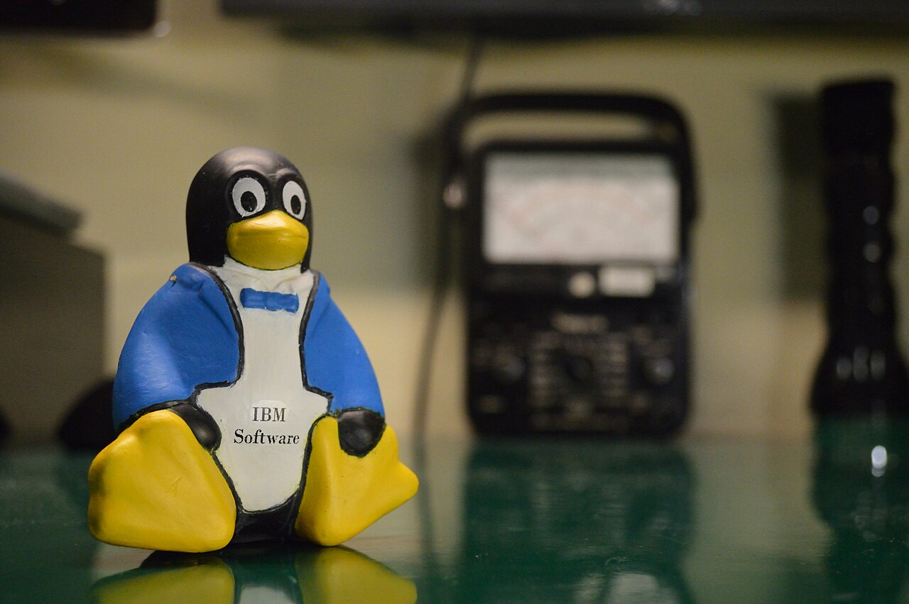 Tux, the Linux penguin figurine with an IBM Software logo on its chest